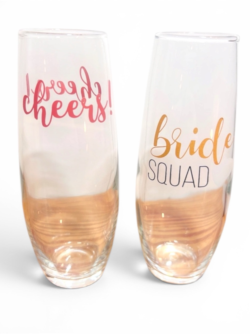 Bride and Cheers Stemless Champagne 9.6oz Glass Flutes Pair